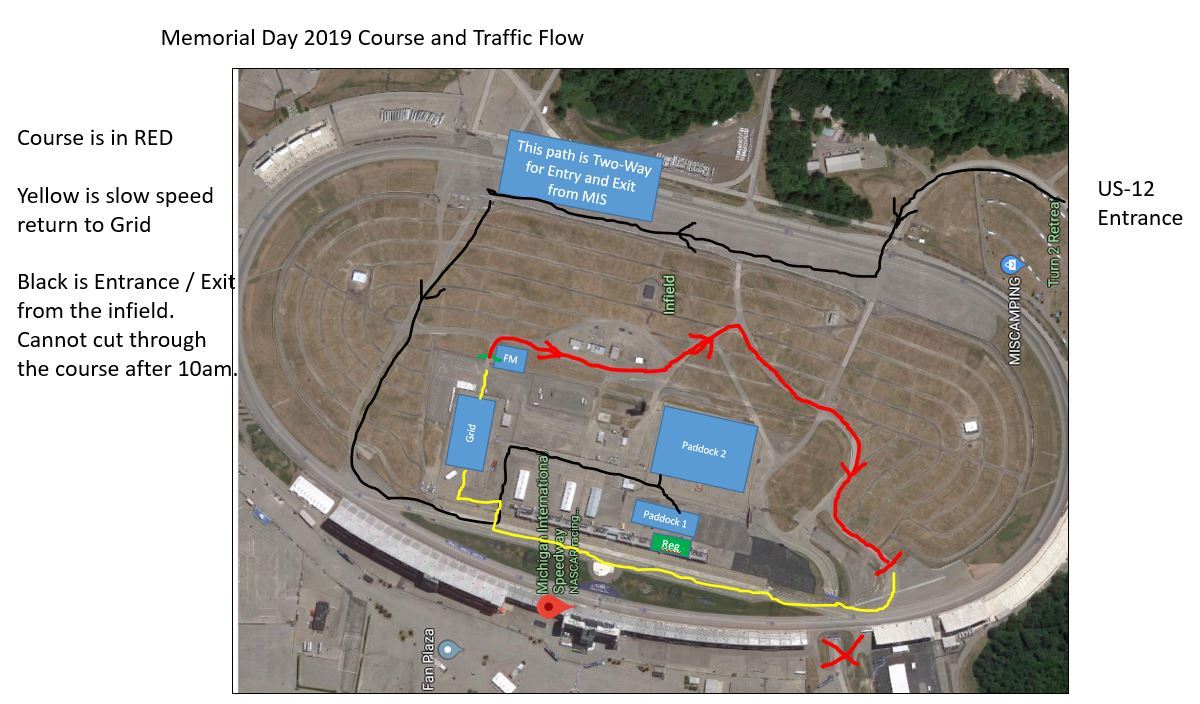 Red is Course, Yellow is the path back to Grid, Black is the entrance path after 9:30am.