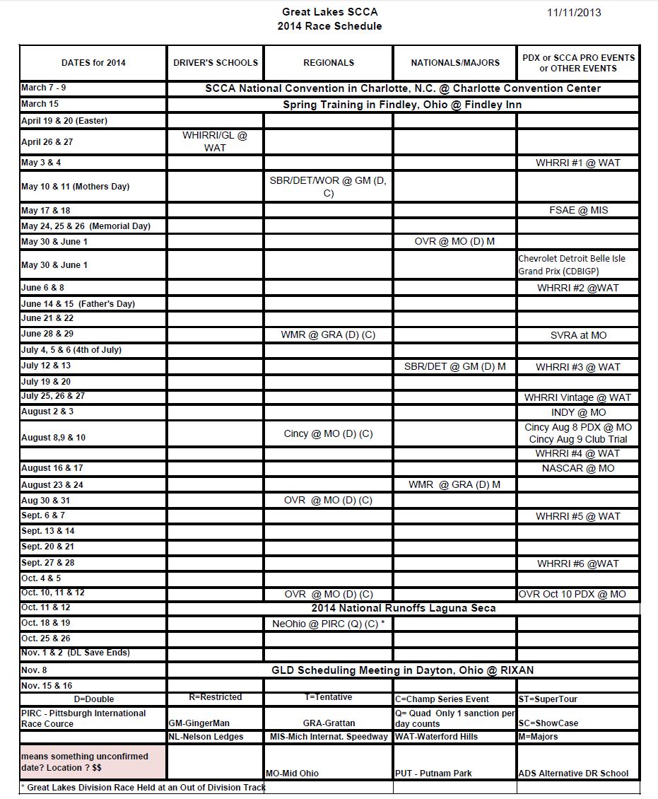 2014 Great Lakes SCCA Race Schedule_11Nov13
